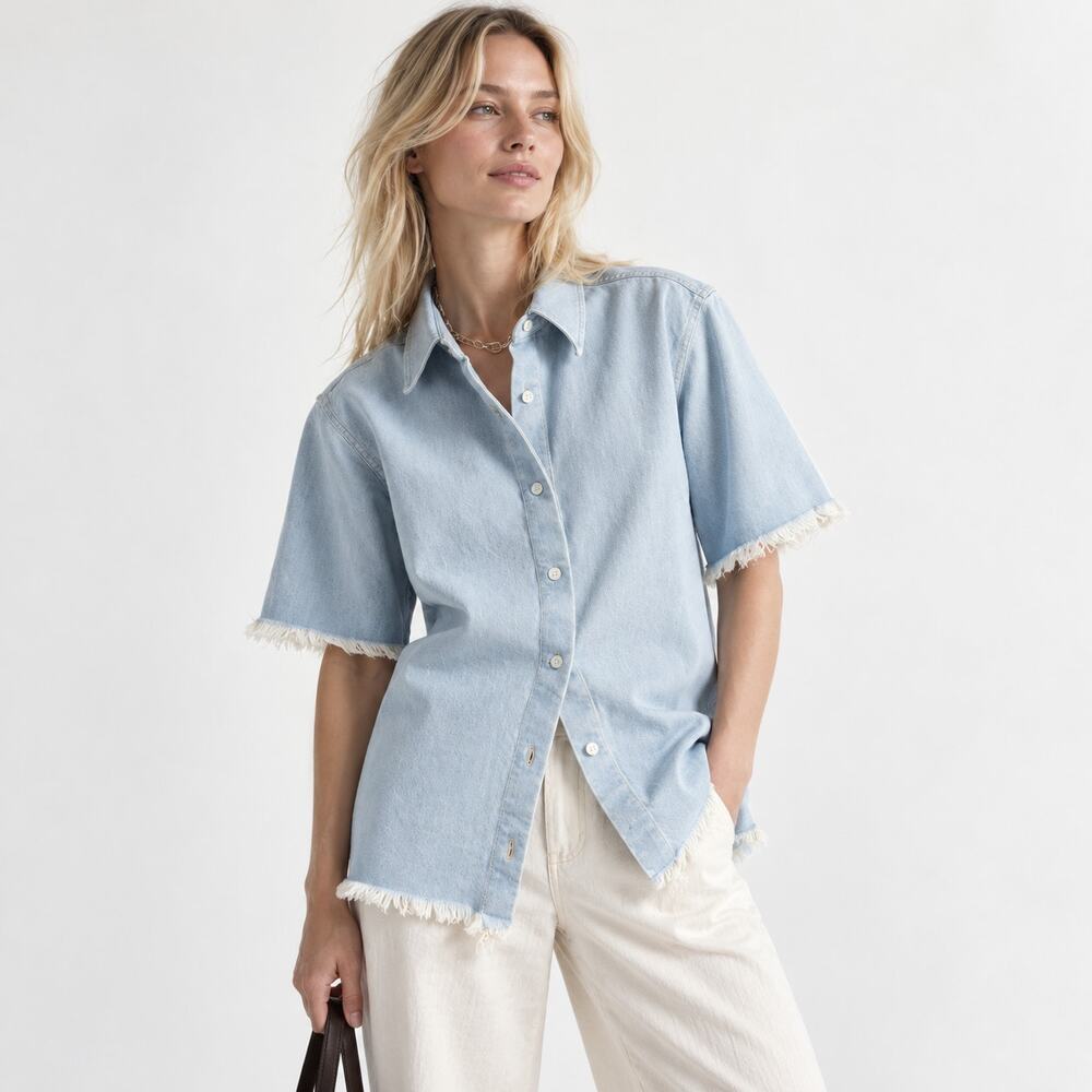 COS Frayed Short Sleeve Denim Shirt Light Blue Raw Hem Size 4 - Picture 2 of 11